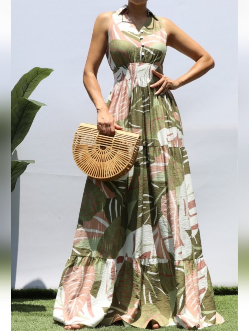 Sleeveless Collared Floral Rayon Maxi Dress in Olive & Blush Vintage Style NWT